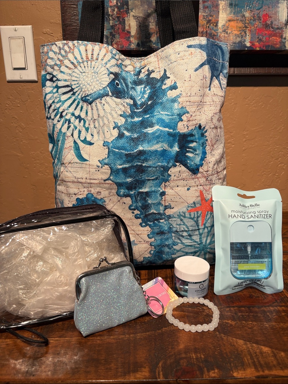 NEW Blue Seahorse Canvas Tote Bag & Clear Cosmetic Bag 6 Piece Bundle